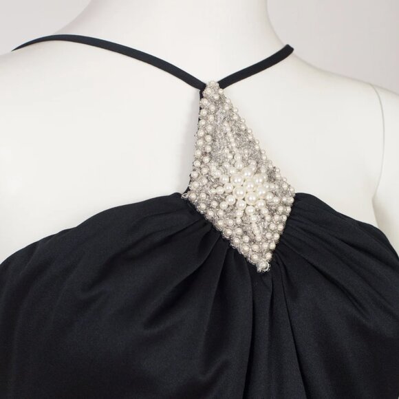 1970s Vintage Pearl Neckline Black Draped Jersey Evening Dress Sz XS - Picture 2 of 5